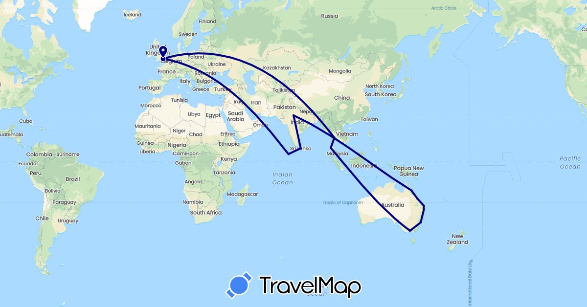 TravelMap itinerary: driving in Australia, United Kingdom, India, Sri Lanka, Maldives, Singapore, Thailand (Asia, Europe, Oceania)