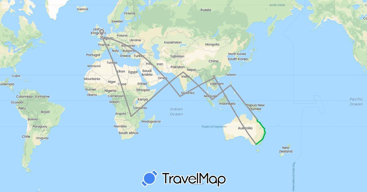 TravelMap itinerary: driving, bus, plane, train, boat in Australia, United Kingdom, India, Maldives, Philippines, Singapore, Vietnam, Zambia (Africa, Asia, Europe, Oceania)