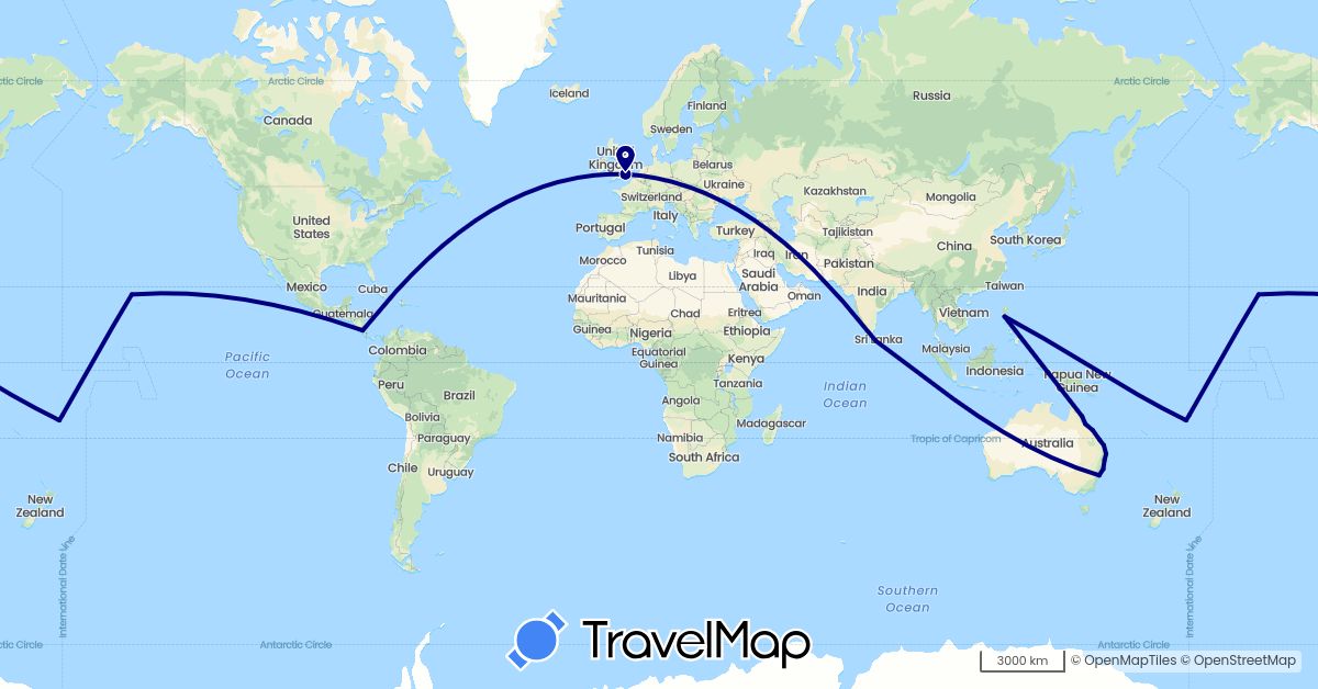 TravelMap itinerary: driving in Australia, Costa Rica, Fiji, United Kingdom, Sri Lanka, Philippines, United States (Asia, Europe, North America, Oceania)